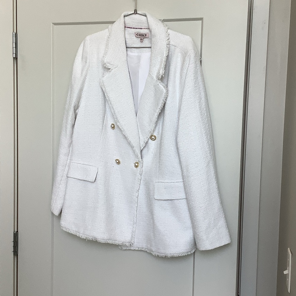 Nanette Lepore White Tweed Double-Breasted Blazer with Gold Buttons
